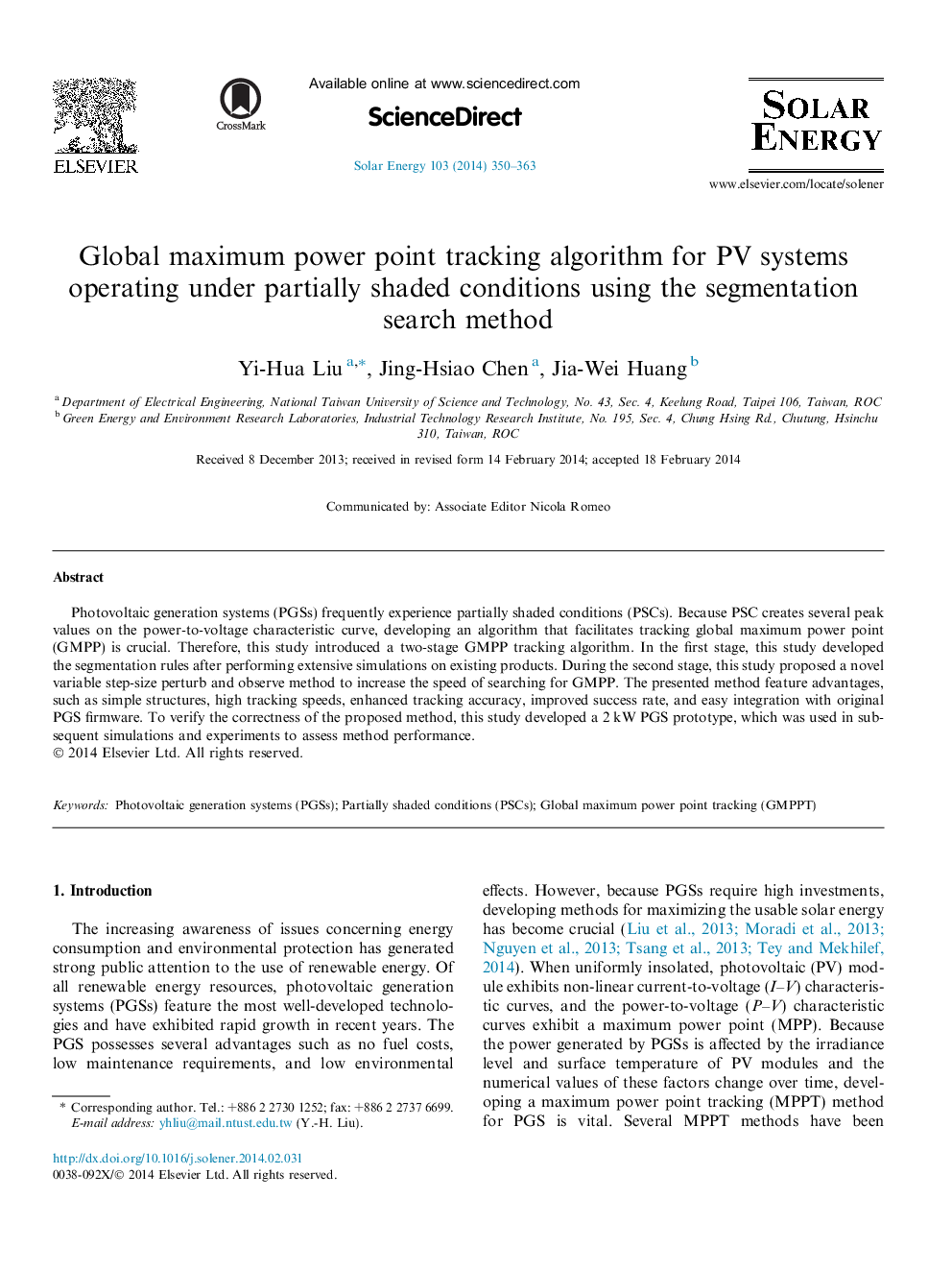 Global maximum power point tracking algorithm for PV systems operating under partially shaded conditions using the segmentation search method