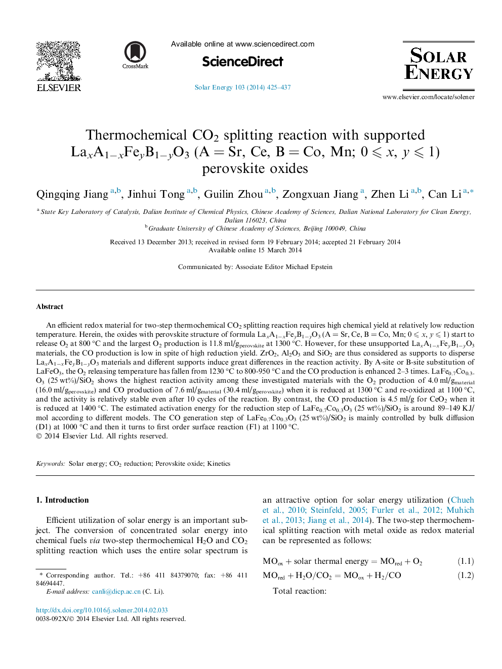 Thermochemical CO2 splitting reaction with supported LaxA1âxFeyB1âyO3 (AÂ =Â Sr, Ce, BÂ =Â Co, Mn; 0Â â©½Â x, yÂ â©½Â 1) perovskite oxides