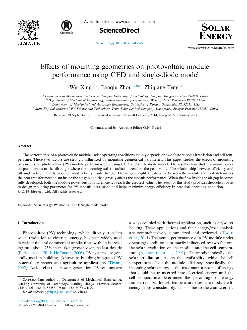 Effects of mounting geometries on photovoltaic module performance using CFD and single-diode model