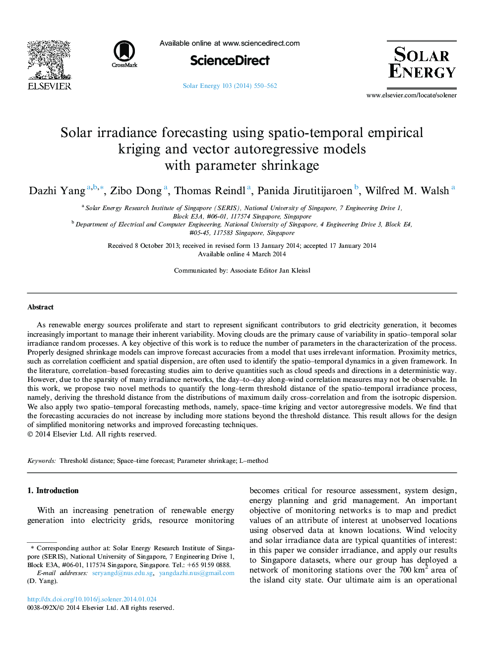 Solar irradiance forecasting using spatio-temporal empirical kriging and vector autoregressive models with parameter shrinkage