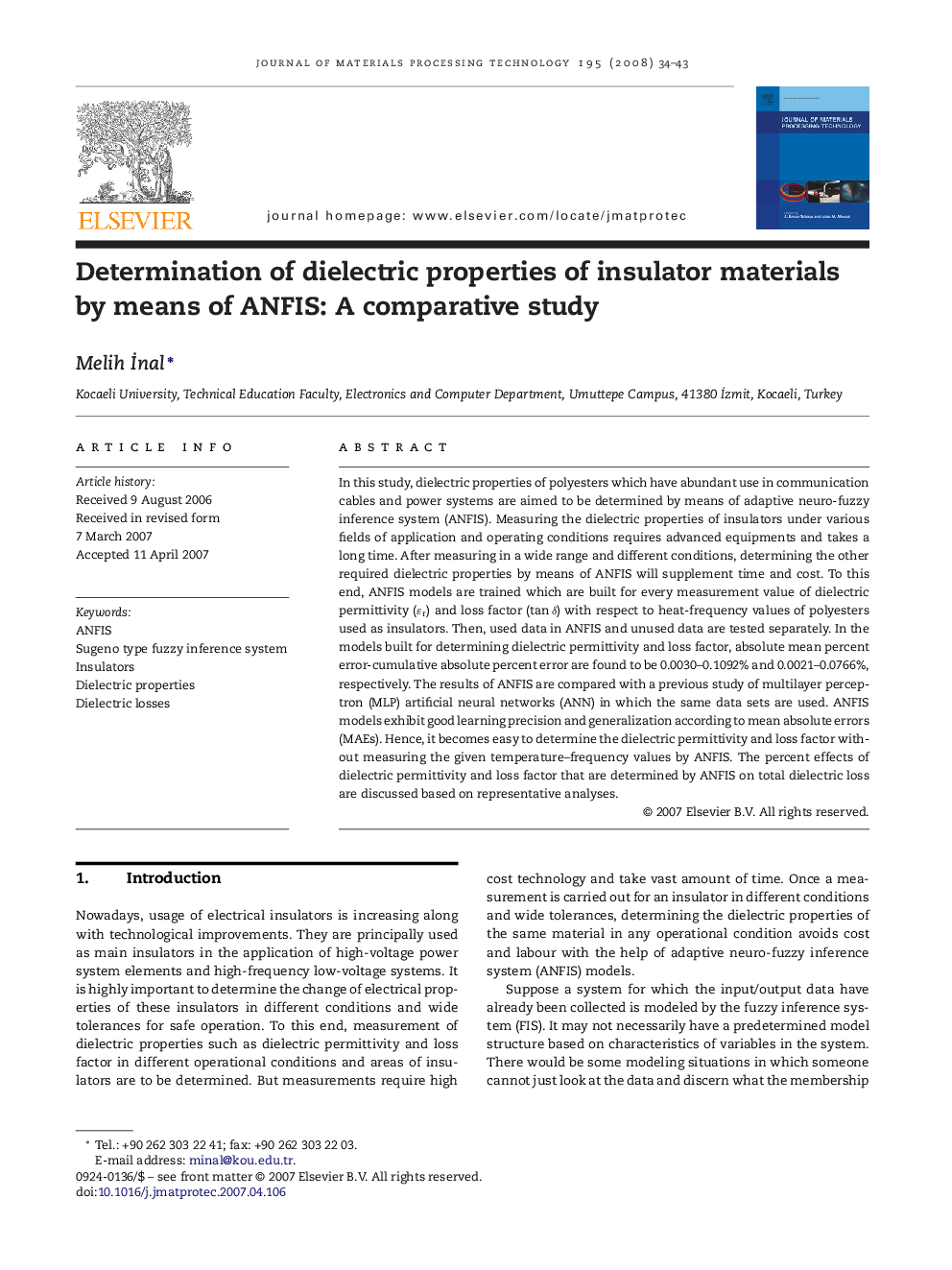 Determination of dielectric properties of insulator materials by means of ANFIS: A comparative study