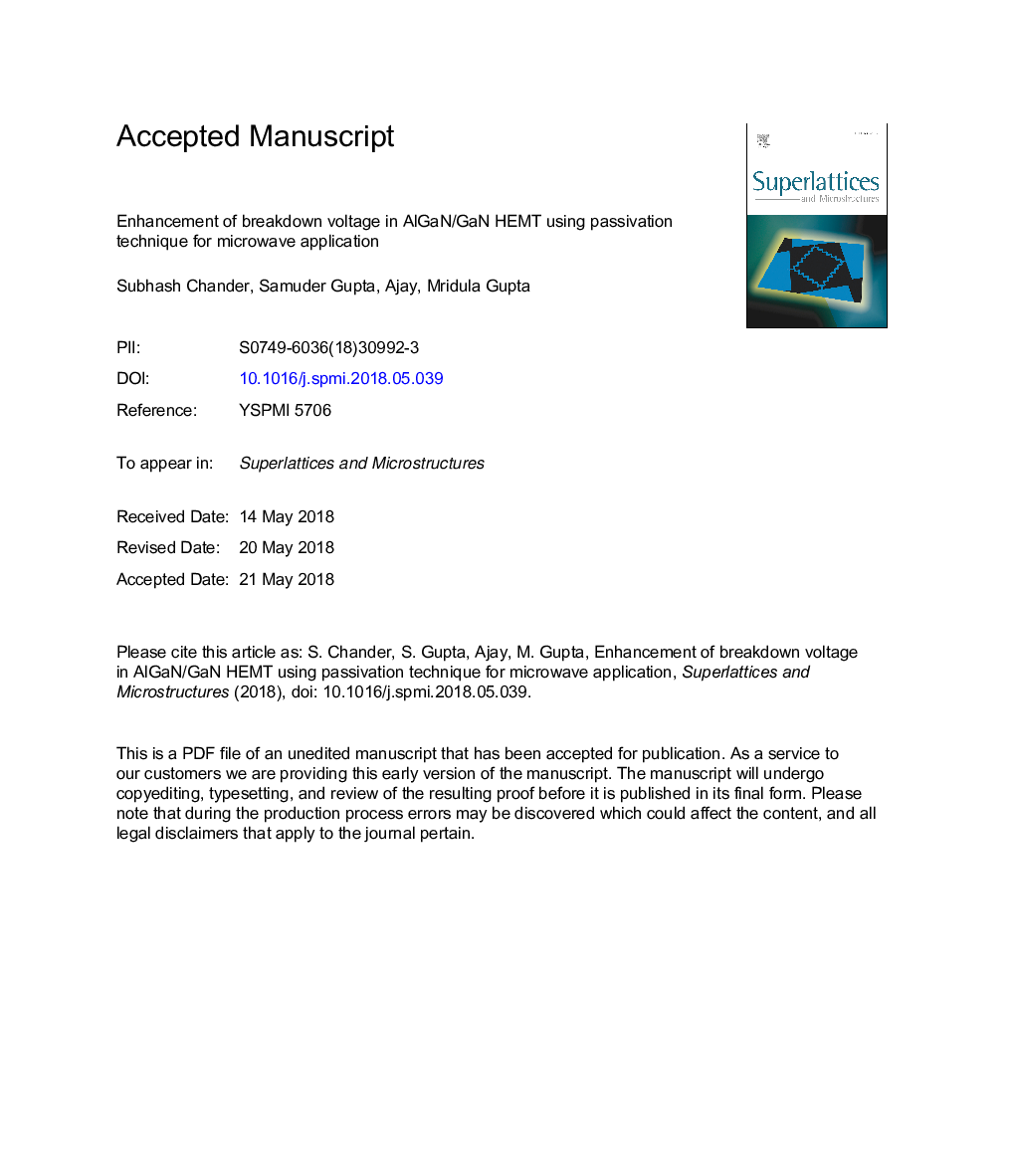 Enhancement of breakdown voltage in AlGaN/GaN HEMT using passivation technique for microwave application