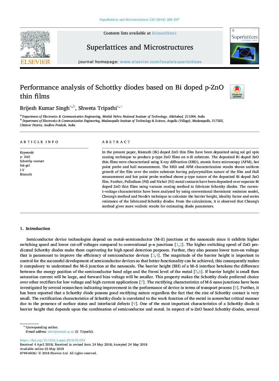 Performance analysis of Schottky diodes based on Bi doped p-ZnO thin films