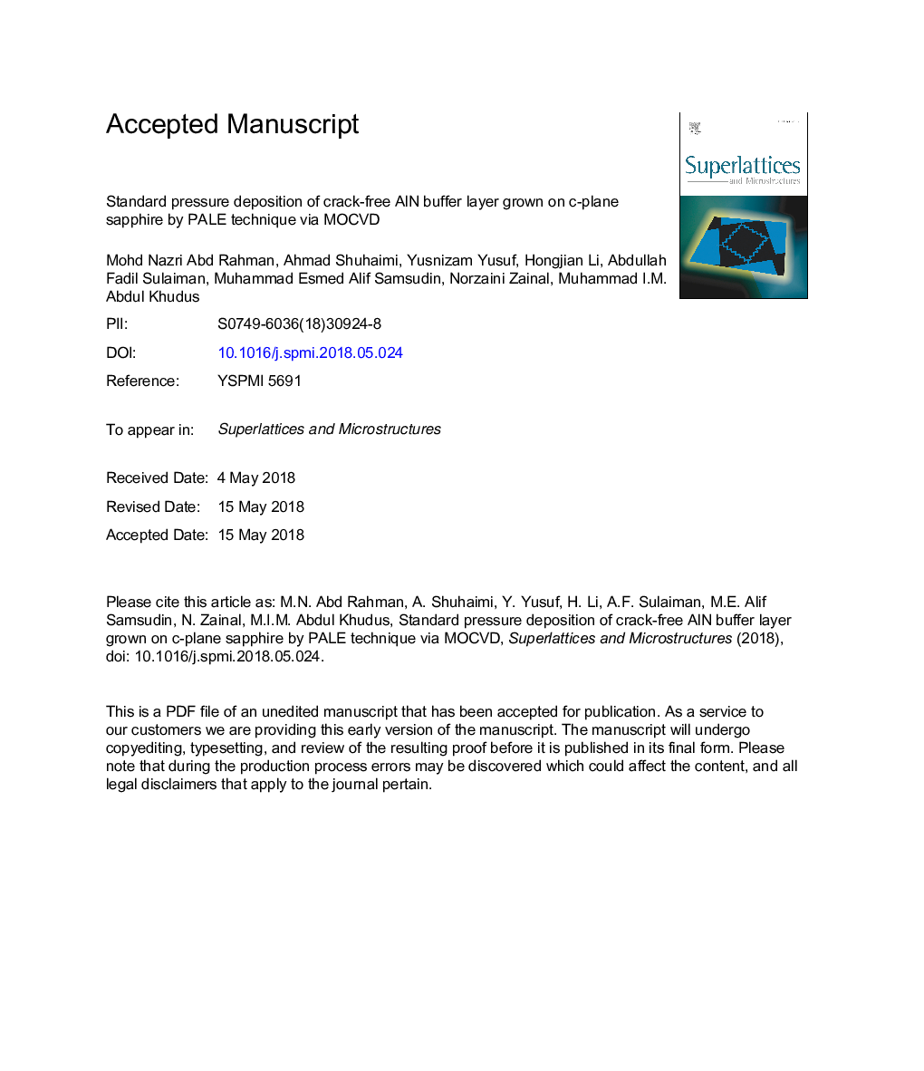 Standard pressure deposition of crack-free AlN buffer layer grown on c-plane sapphire by PALE technique via MOCVD