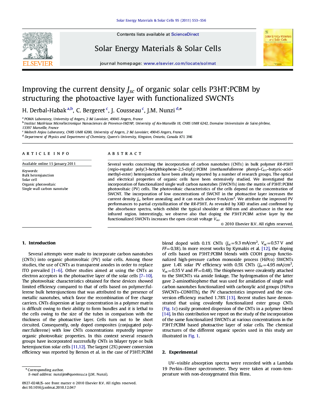 Improving the current density Jsc of organic solar cells P3HT:PCBM by structuring the photoactive layer with functionalized SWCNTs