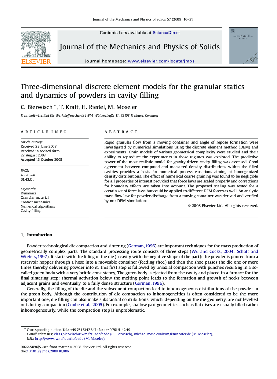 Three-dimensional discrete element models for the granular statics and dynamics of powders in cavity filling