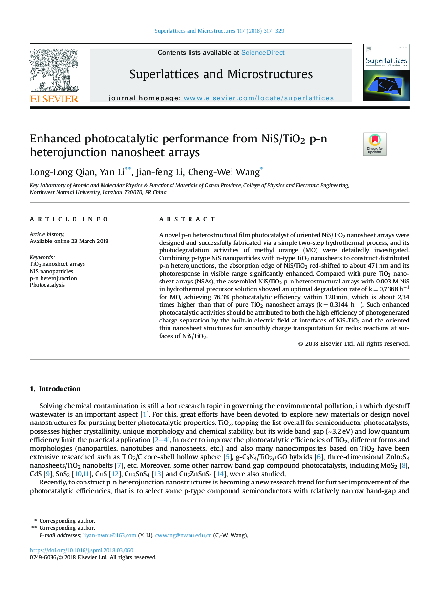 Enhanced photocatalytic performance from NiS/TiO2 p-n heterojunction nanosheet arrays