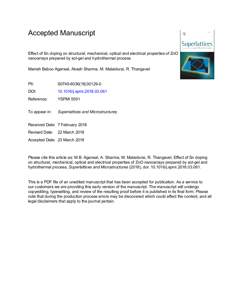 Effect of Sn doping on structural, mechanical, optical and electrical properties of ZnO nanoarrays prepared by sol-gel and hydrothermal process