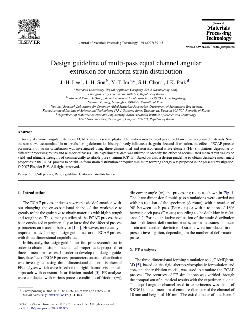 Design guideline of multi-pass equal channel angular extrusion for uniform strain distribution