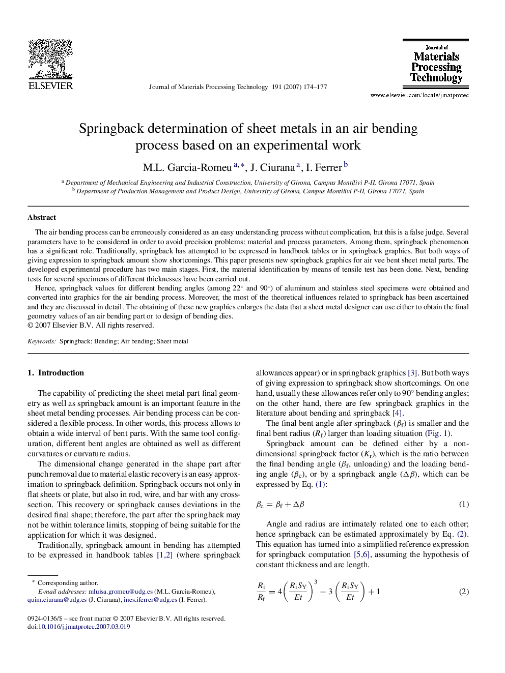 Springback determination of sheet metals in an air bending process based on an experimental work