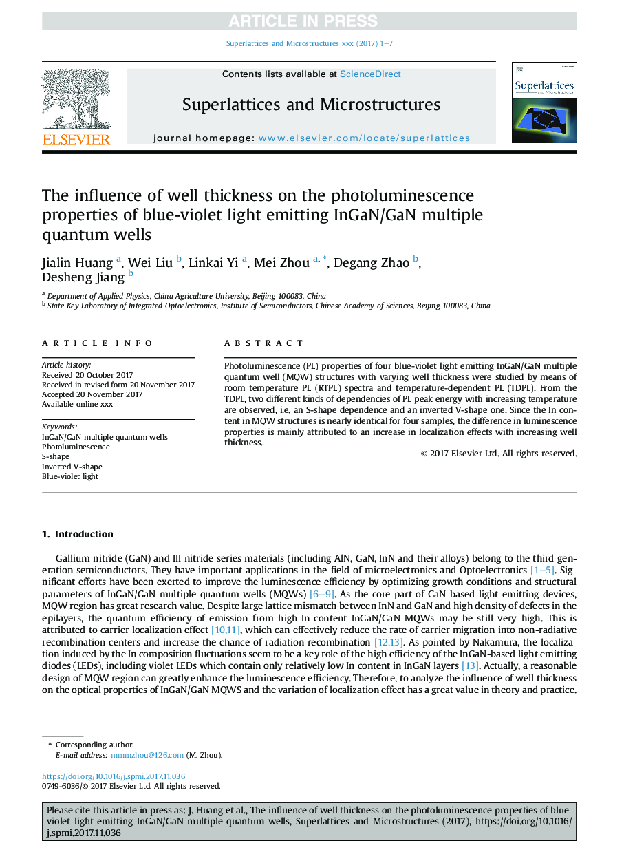 The influence of well thickness on the photoluminescence properties of blue-violet light emitting InGaN/GaN multiple quantum wells