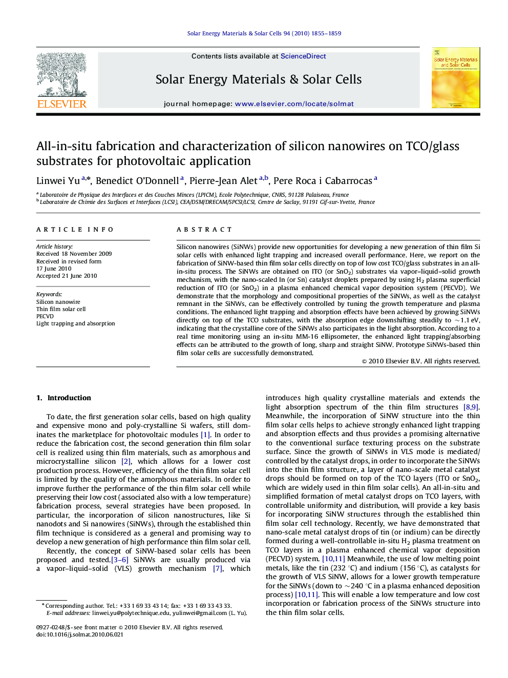 All-in-situ fabrication and characterization of silicon nanowires on TCO/glass substrates for photovoltaic application