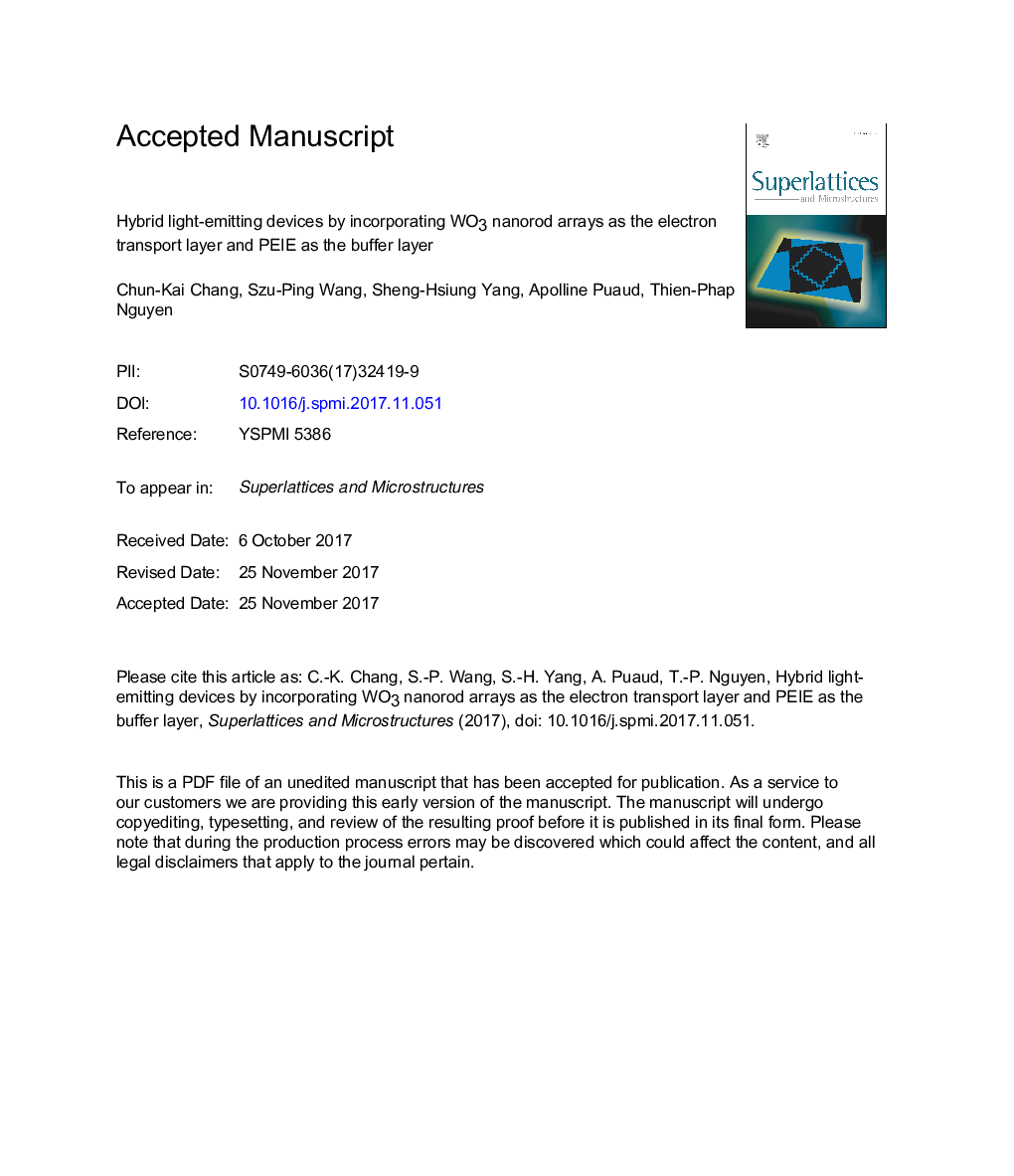 Hybrid light-emitting devices by incorporating WO3 nanorod arrays as the electron transport layer and PEIE as the buffer layer