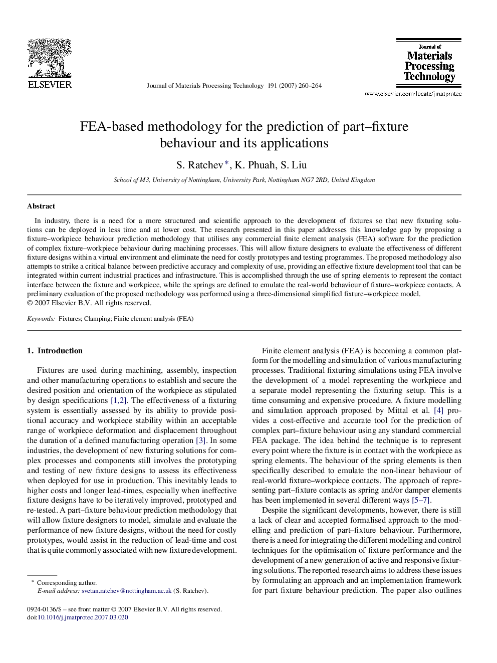 FEA-based methodology for the prediction of part–fixture behaviour and its applications