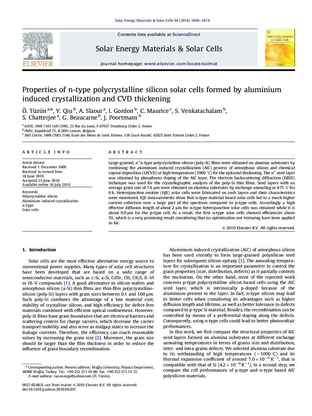 Properties of n-type polycrystalline silicon solar cells formed by aluminium induced crystallization and CVD thickening