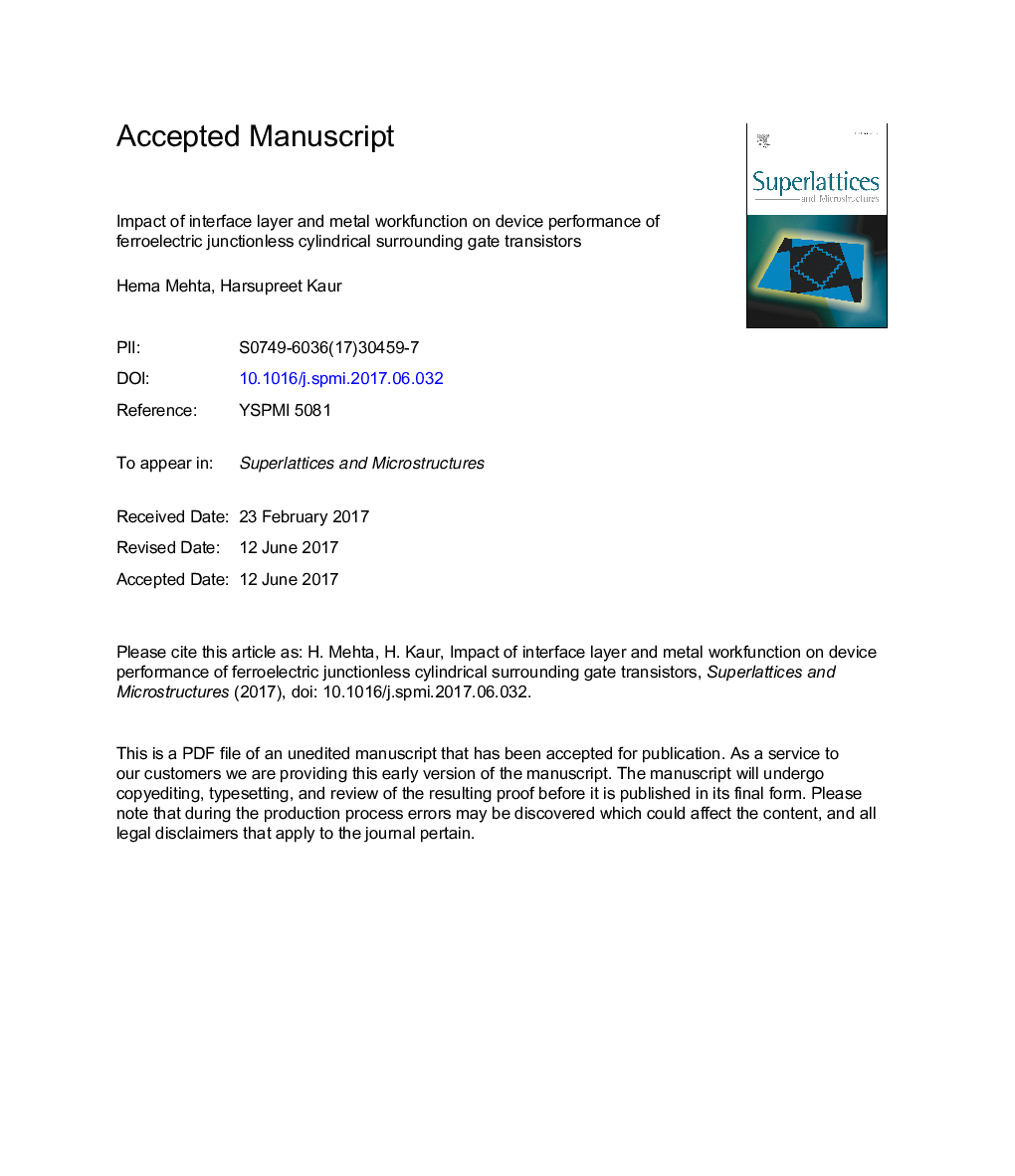 Impact of interface layer and metal workfunction on device performance of ferroelectric junctionless cylindrical surrounding gate transistors