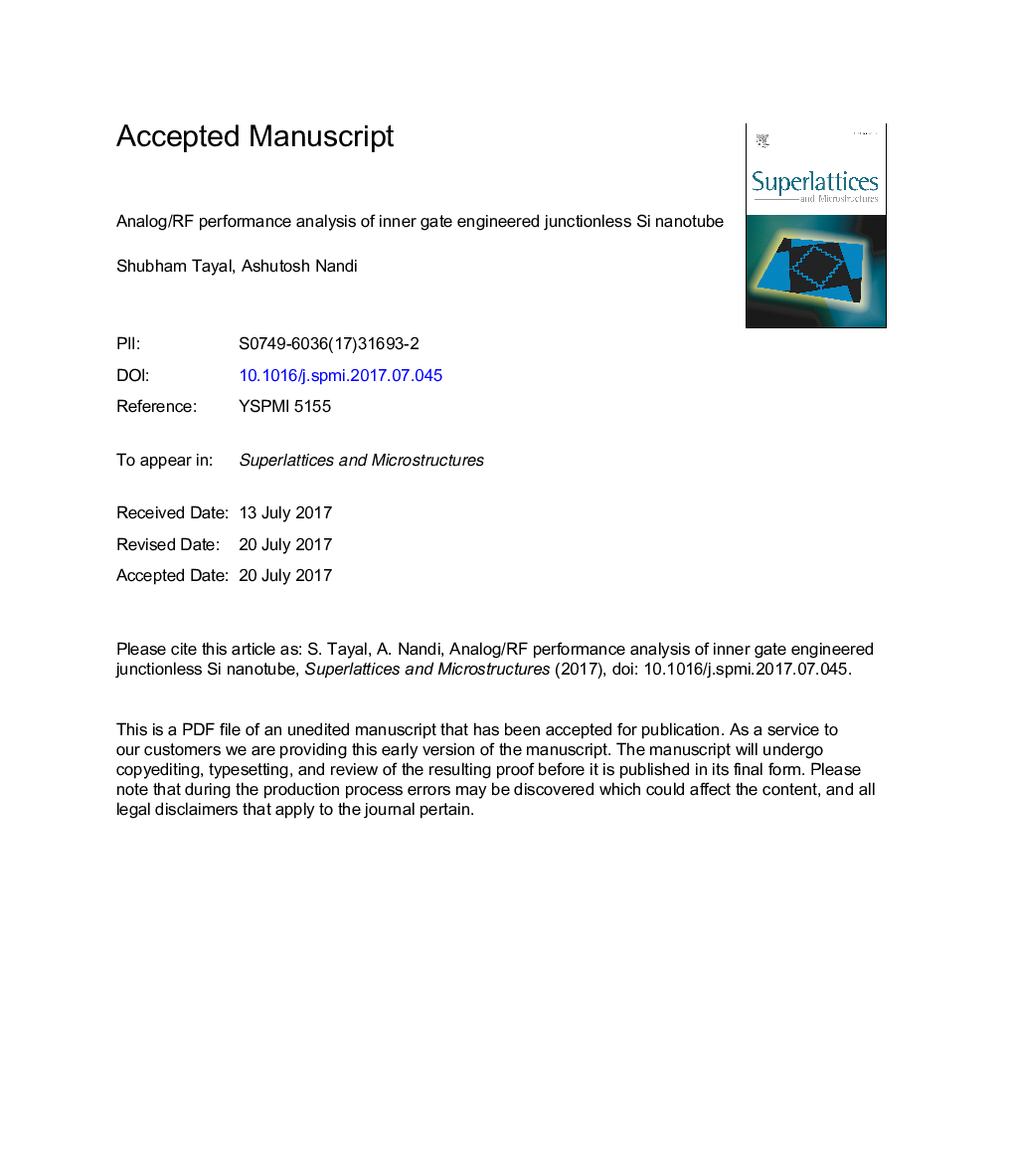 Analog/RF performance analysis of inner gate engineered junctionless Si nanotube