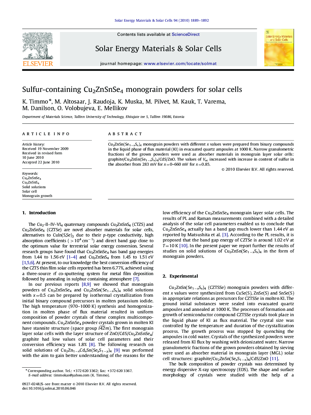 Sulfur-containing Cu2ZnSnSe4 monograin powders for solar cells