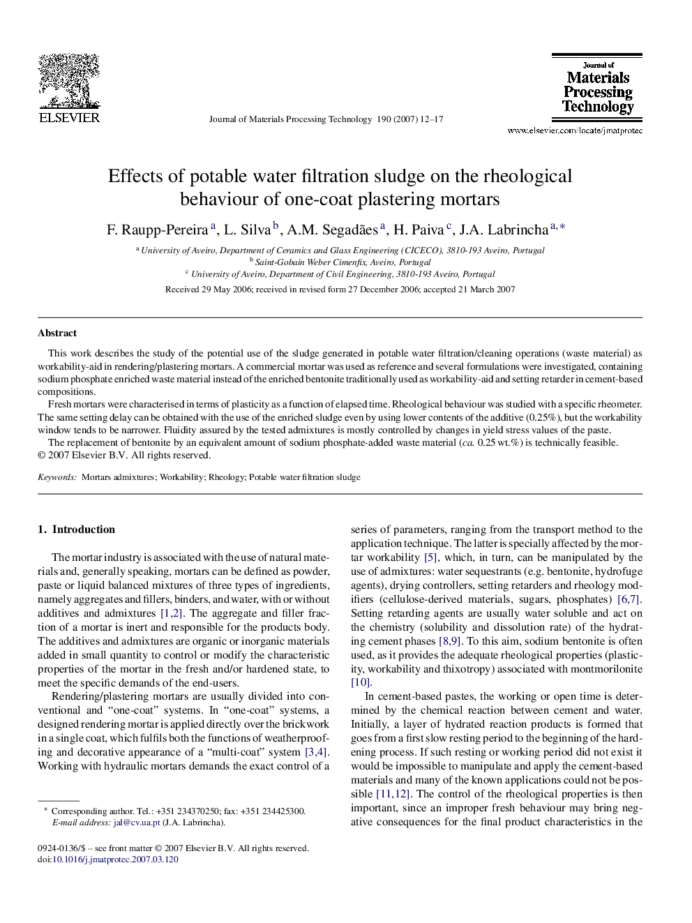 Effects of potable water filtration sludge on the rheological behaviour of one-coat plastering mortars