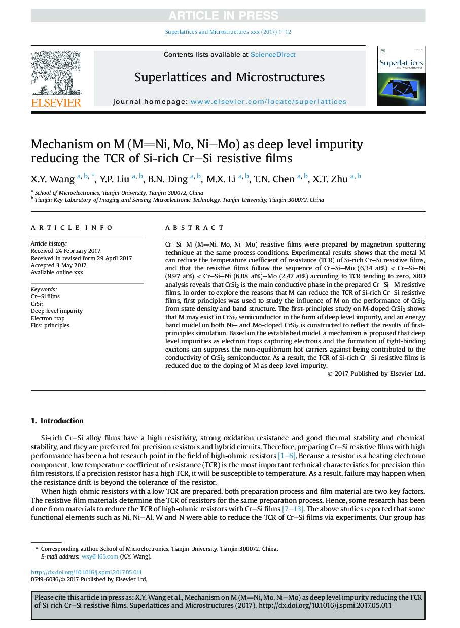 Mechanism on M (MNi, Mo, NiMo) as deep level impurity reducing the TCR of Si-rich CrSi resistive films