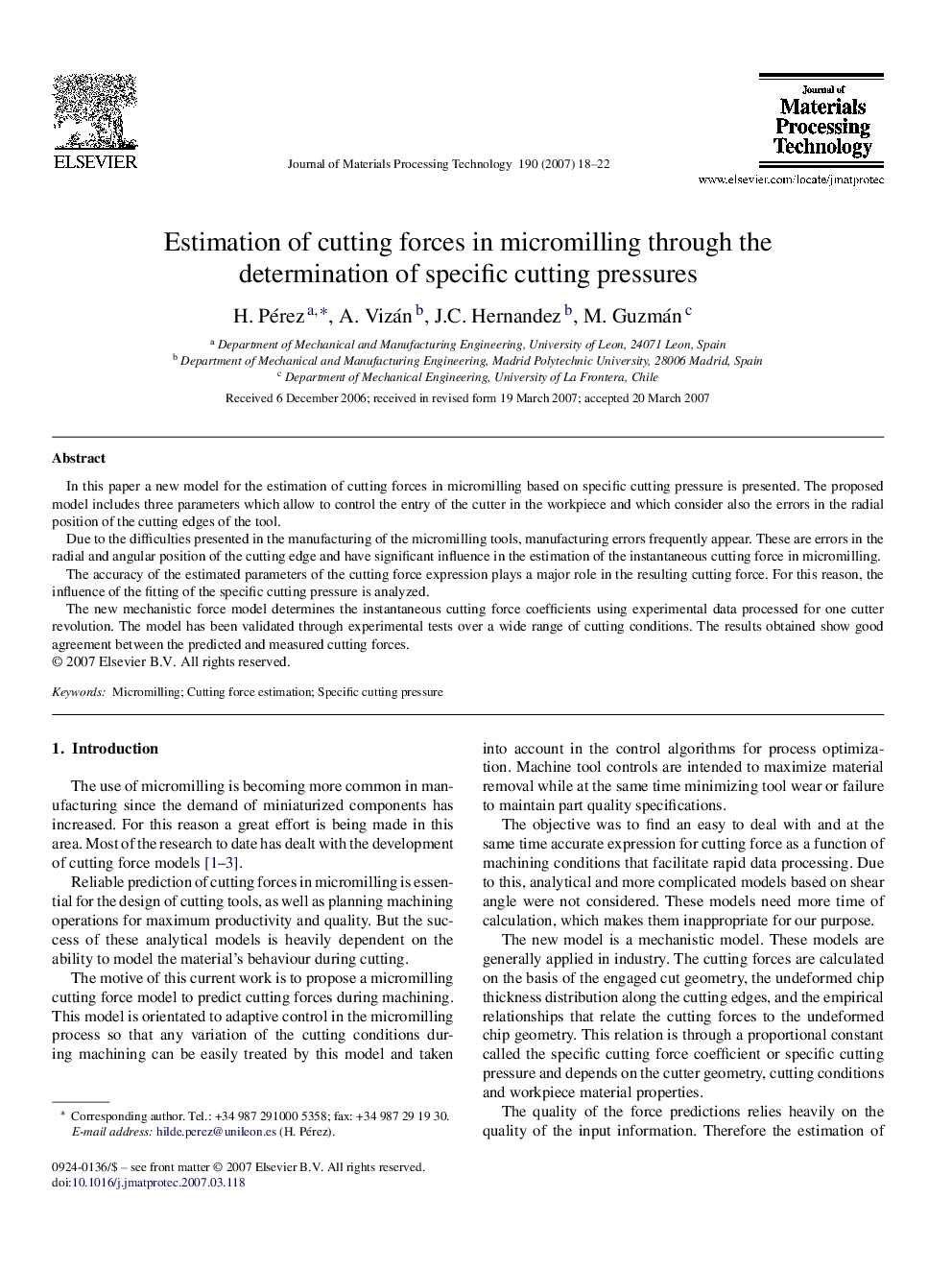 Estimation of cutting forces in micromilling through the determination of specific cutting pressures