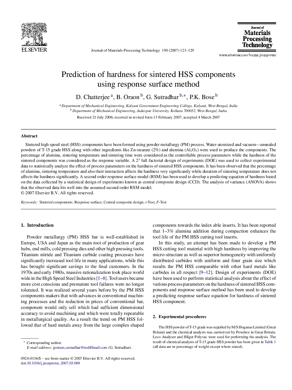 Prediction of hardness for sintered HSS components using response surface method