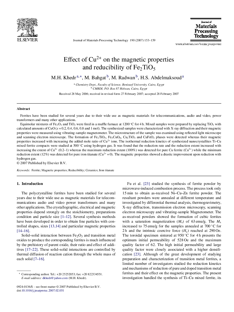 Effect of Cu2+ on the magnetic properties and reducibility of Fe2TiO5