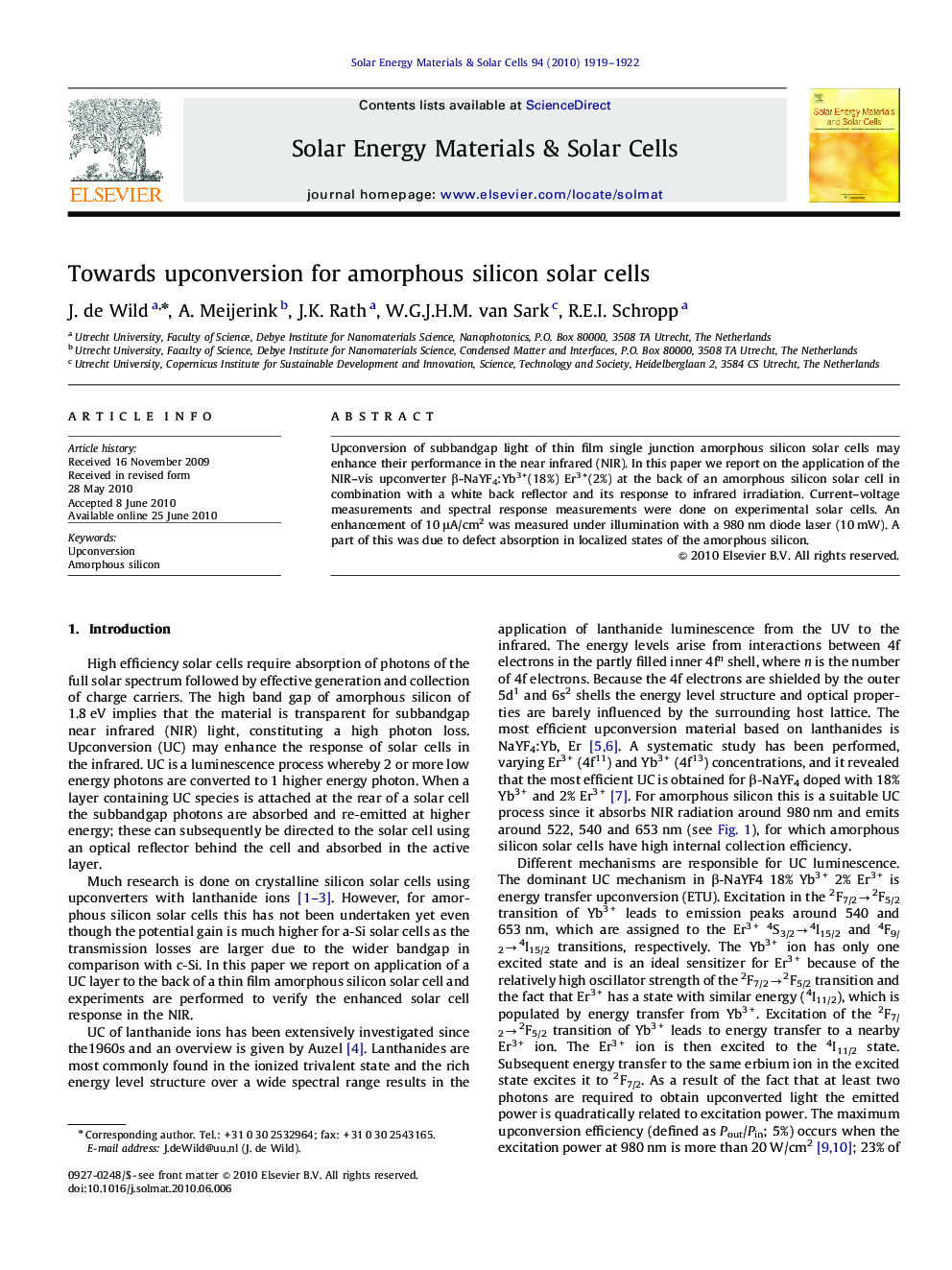 Towards upconversion for amorphous silicon solar cells