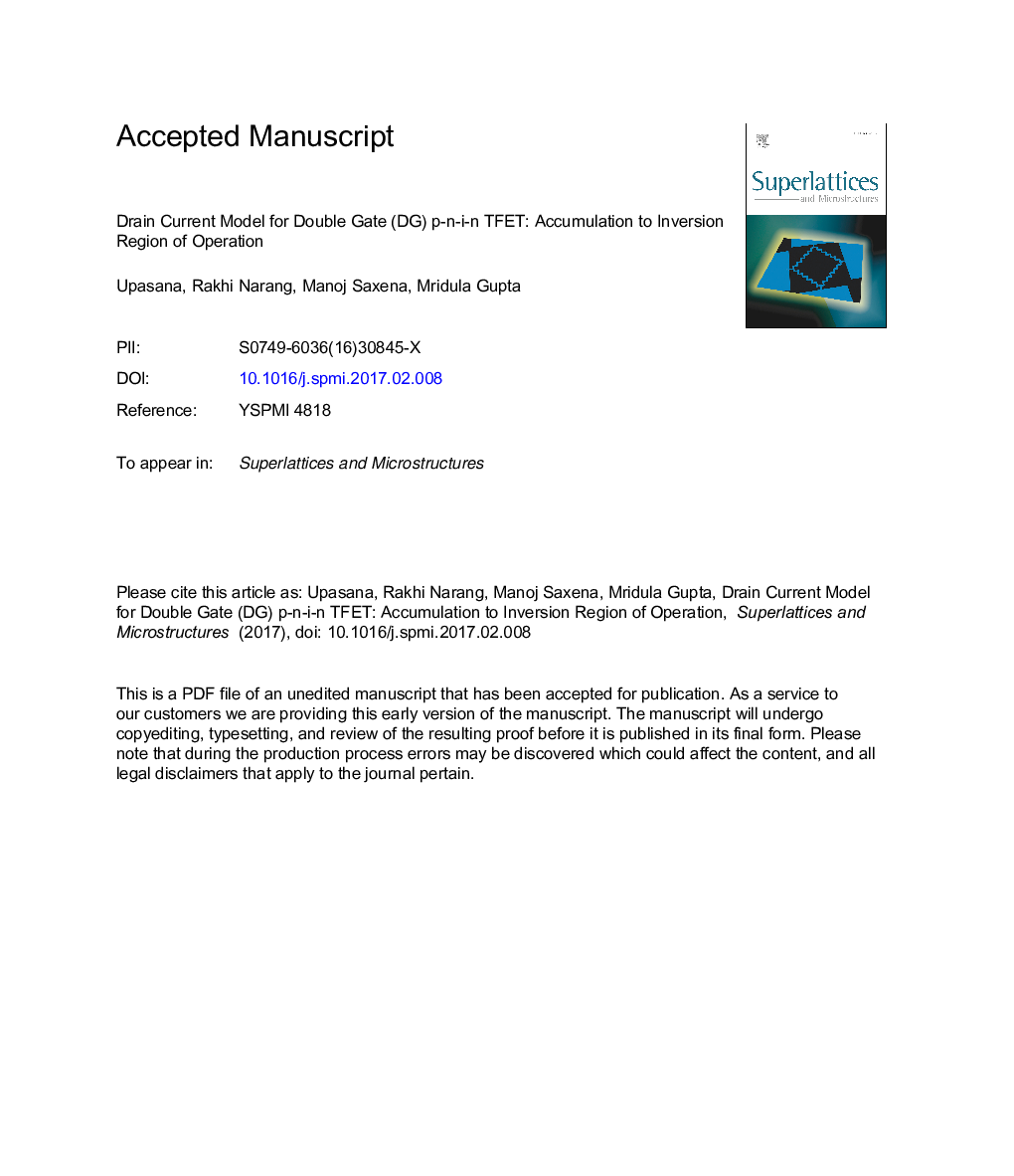 Drain Current Model for Double Gate (DG) p-n-i-n TFET: Accumulation to Inversion Region of Operation