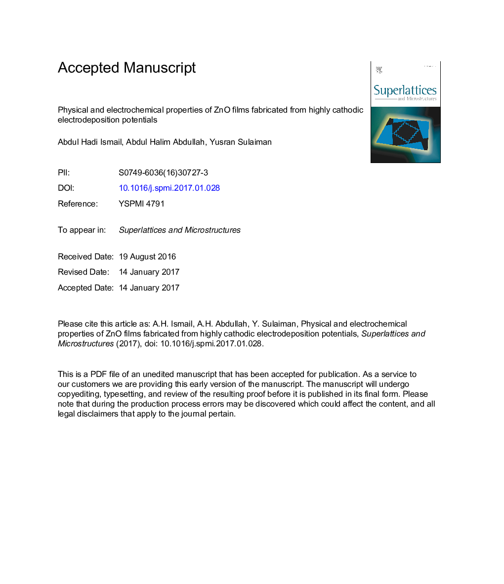 عکس صفحه اول مقاله: Physical and electrochemical properties of ZnO films fabricated from highly cathodic electrodeposition potentials Physical and electrochemical properties of ZnO films fabricated from highly cathodic electrodeposition potentials