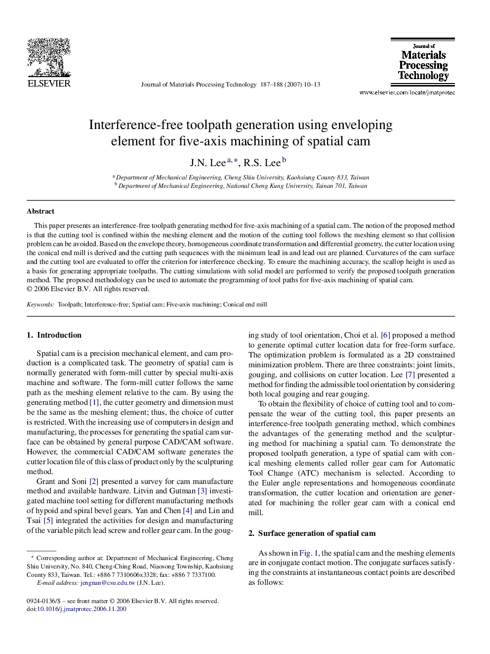 Interference-free toolpath generation using enveloping element for five-axis machining of spatial cam