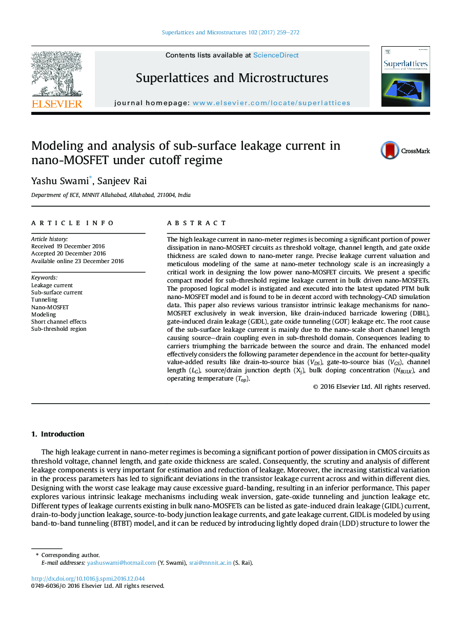 Modeling and analysis of sub-surface leakage current in nano-MOSFET under cutoff regime