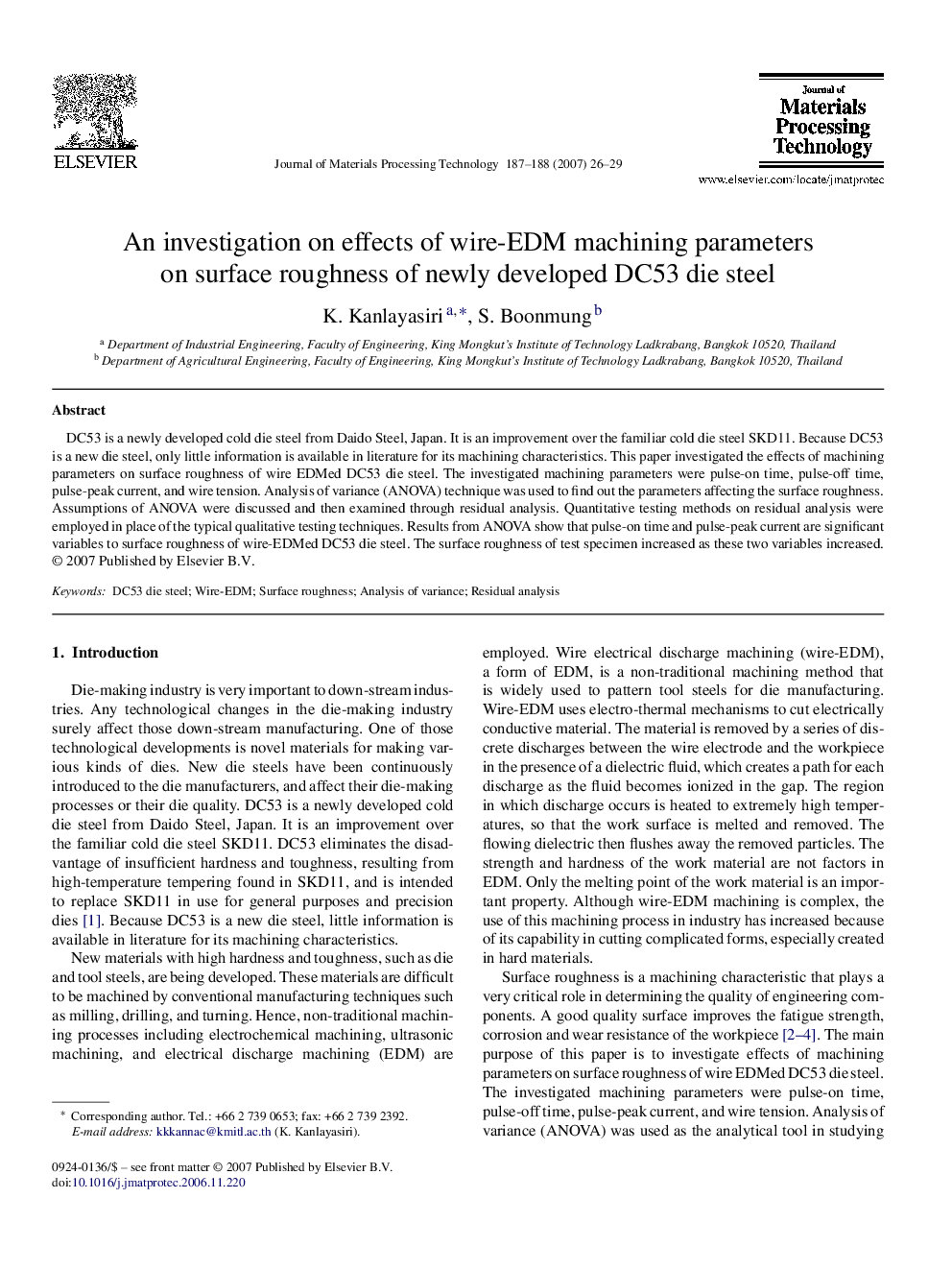 An investigation on effects of wire-EDM machining parameters on surface roughness of newly developed DC53 die steel