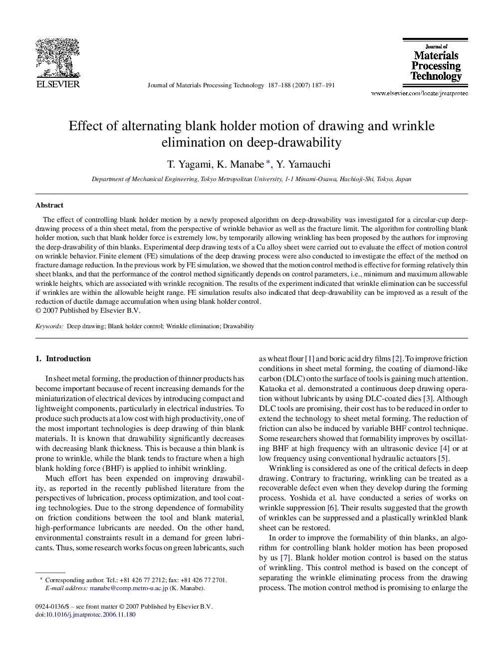 عکس صفحه اول مقاله: Effect of alternating blank holder motion of drawing and wrinkle elimination on deep-drawability Effect of alternating blank holder motion of drawing and wrinkle elimination on deep-drawability