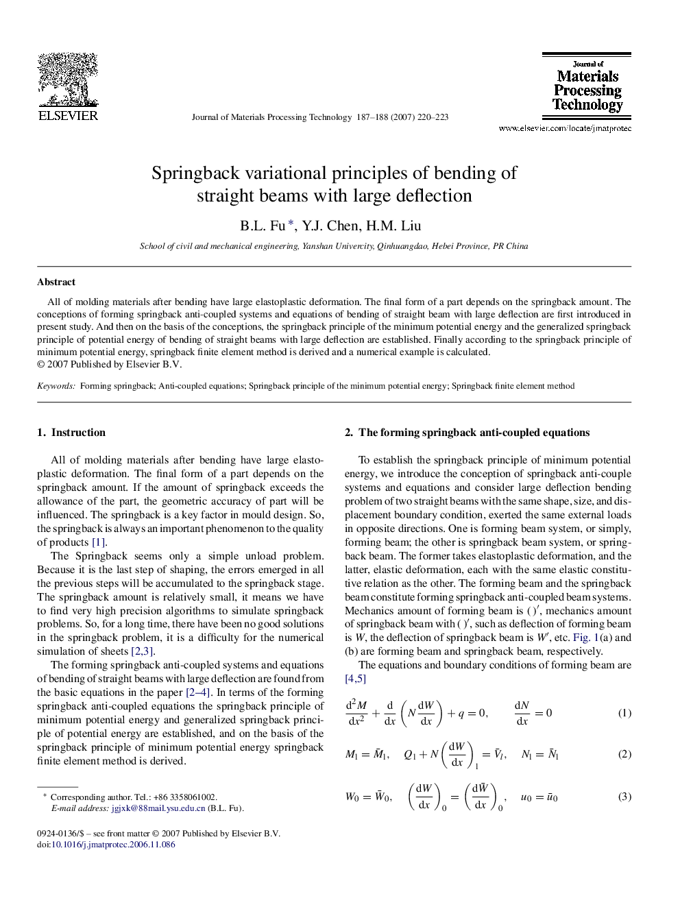 عکس صفحه اول مقاله: Springback variational principles of bending of straight beams with large deflection Springback variational principles of bending of straight beams with large deflection