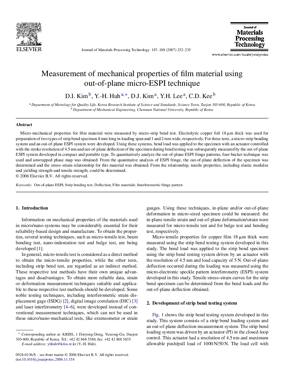 Measurement of mechanical properties of film material using out-of-plane micro-ESPI technique