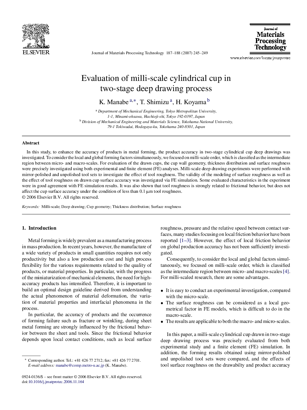 عکس صفحه اول مقاله: Evaluation of milli-scale cylindrical cup in two-stage deep drawing process Evaluation of milli-scale cylindrical cup in two-stage deep drawing process