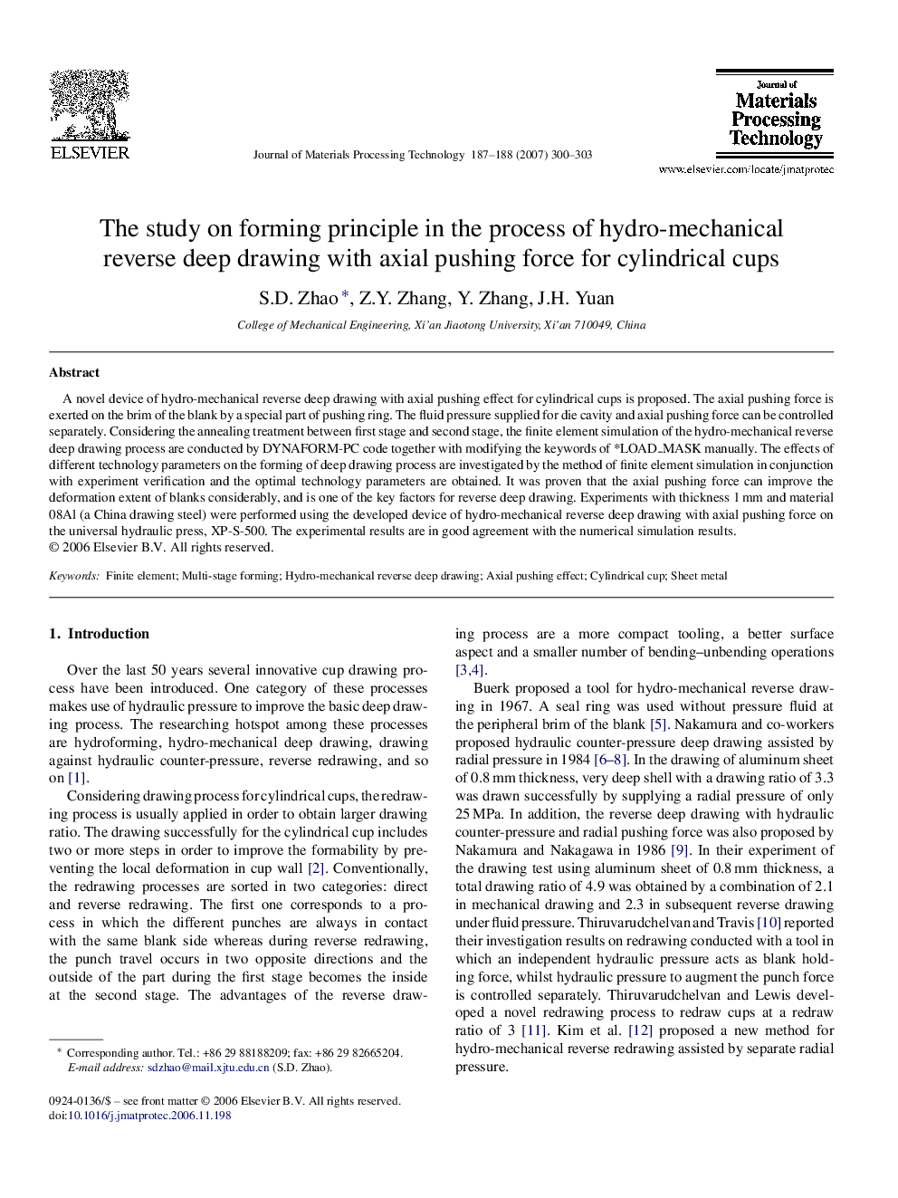 The study on forming principle in the process of hydro-mechanical reverse deep drawing with axial pushing force for cylindrical cups