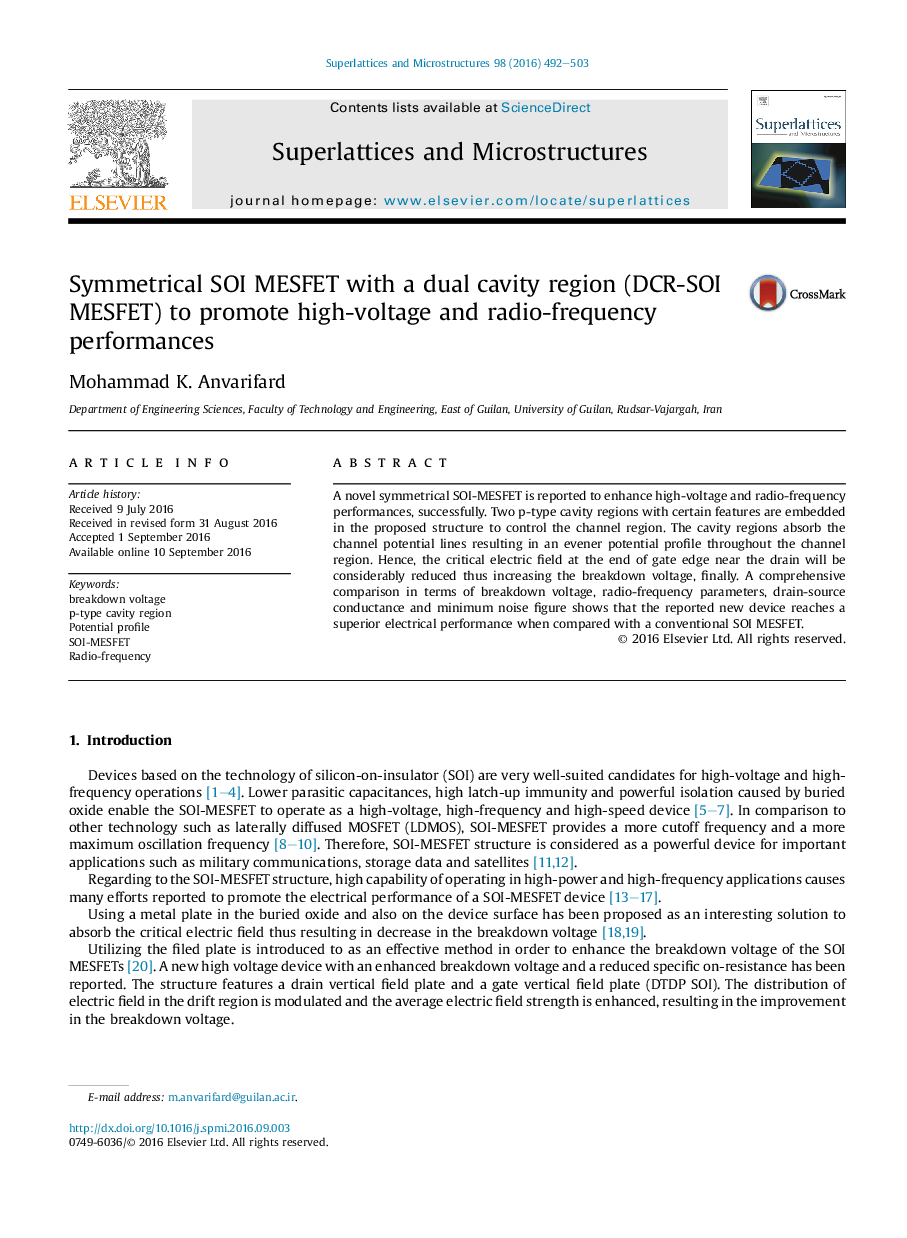 Symmetrical SOI MESFET with a dual cavity region (DCR-SOI MESFET) to promote high-voltage and radio-frequency performances