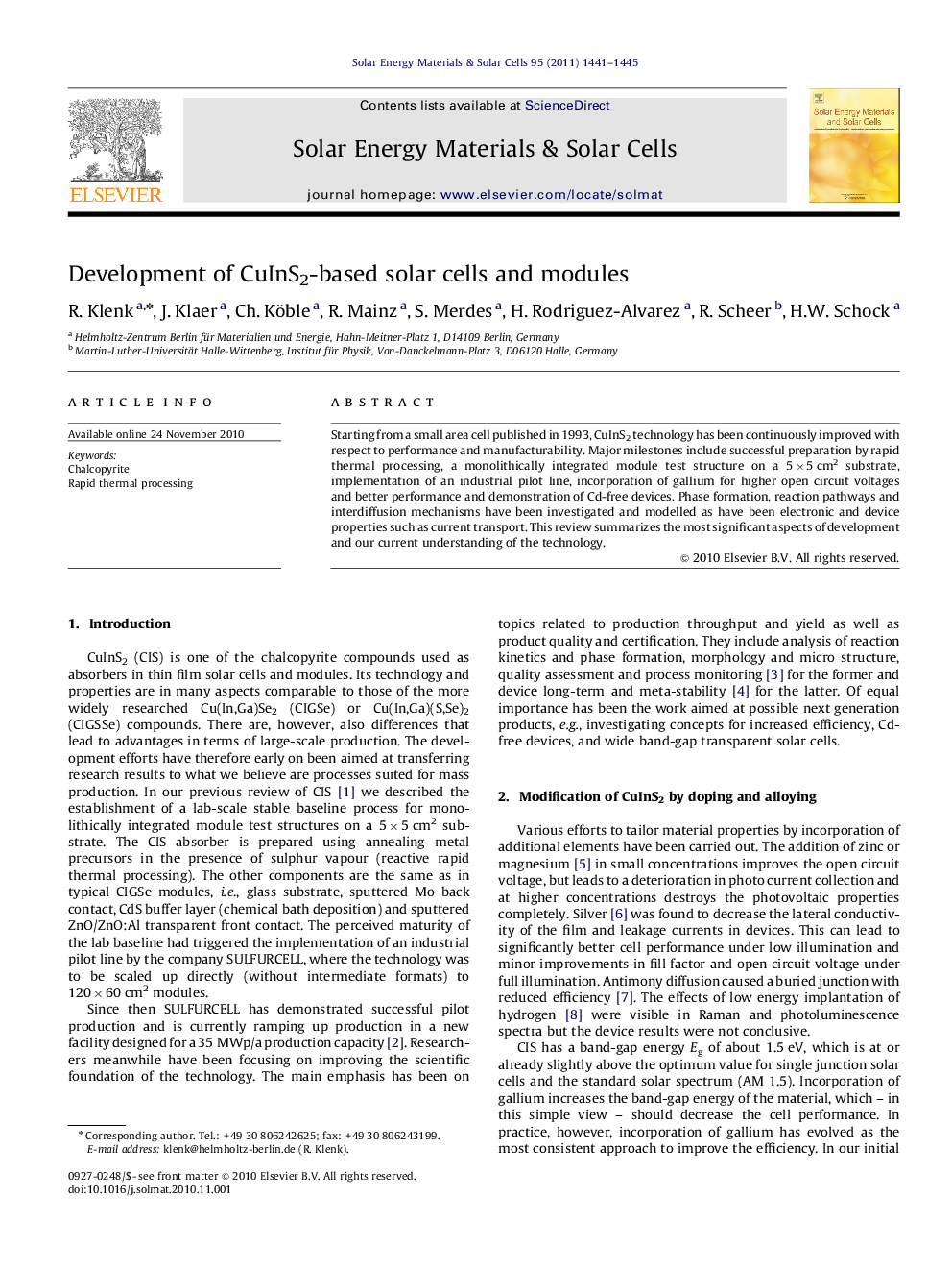 Development of CuInS2-based solar cells and modules