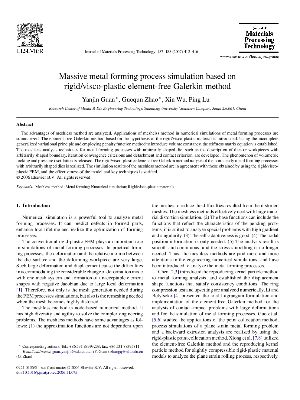 Massive metal forming process simulation based on rigid/visco-plastic element-free Galerkin method