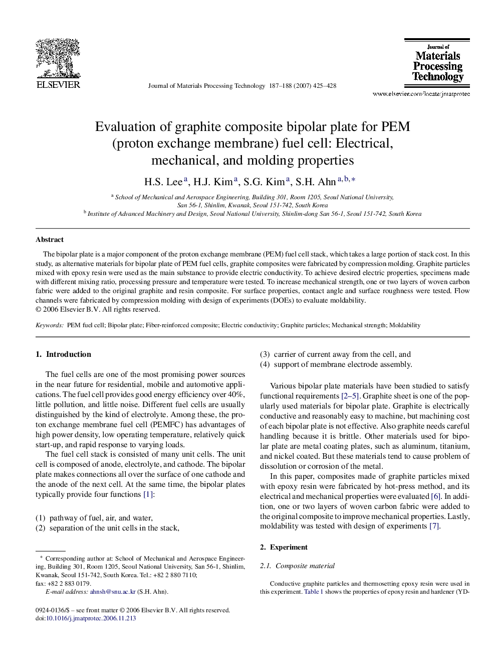 Evaluation of graphite composite bipolar plate for PEM (proton exchange membrane) fuel cell: Electrical, mechanical, and molding properties