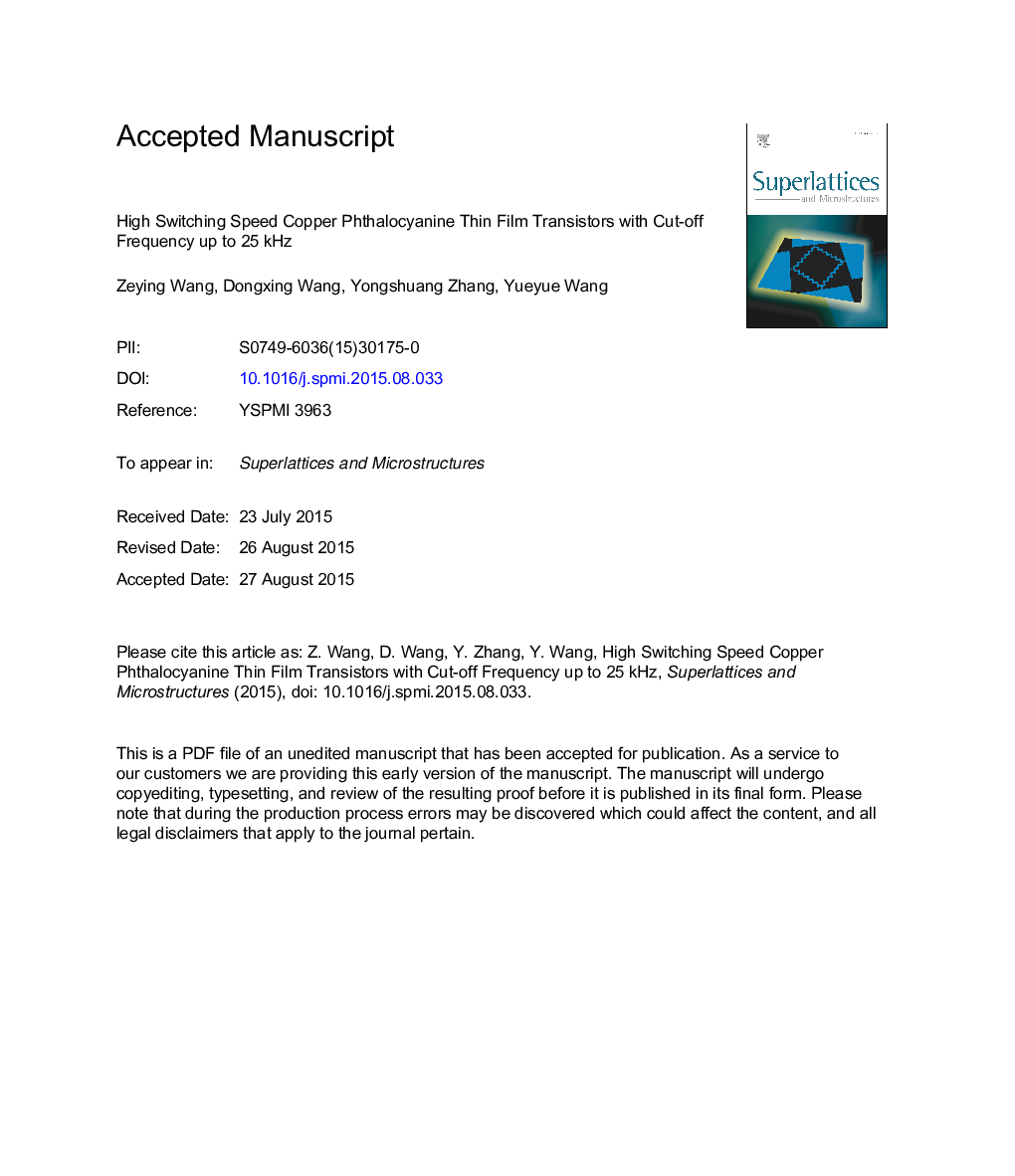 High switching speed copper phthalocyanine thin film transistors with cut-off frequency up to 25Â kHz