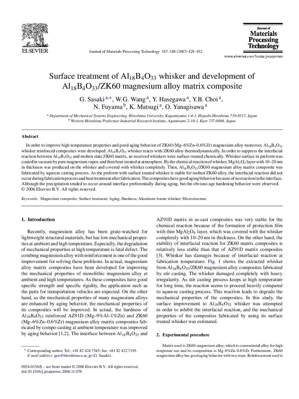 Surface treatment of Al18B4O33 whisker and development of Al18B4O33/ZK60 magnesium alloy matrix composite