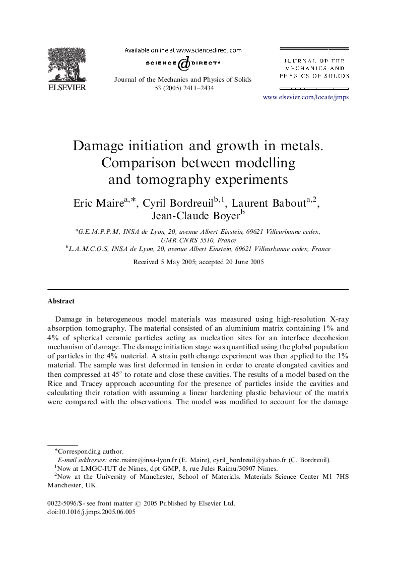 Damage initiation and growth in metals. Comparison between modelling and tomography experiments