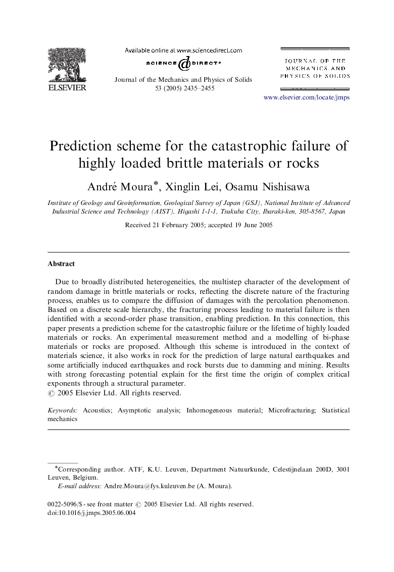 Prediction scheme for the catastrophic failure of highly loaded brittle materials or rocks