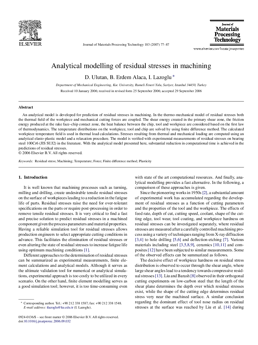 Analytical modelling of residual stresses in machining