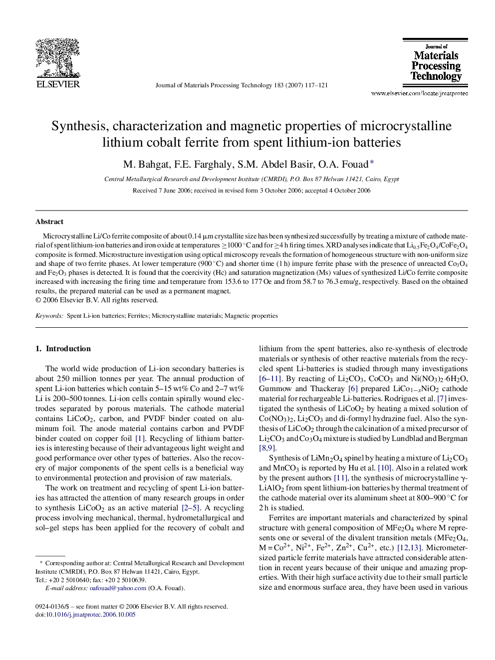 Synthesis, characterization and magnetic properties of microcrystalline lithium cobalt ferrite from spent lithium-ion batteries