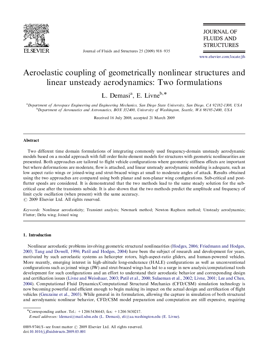 Aeroelastic coupling of geometrically nonlinear structures and linear unsteady aerodynamics: Two formulations