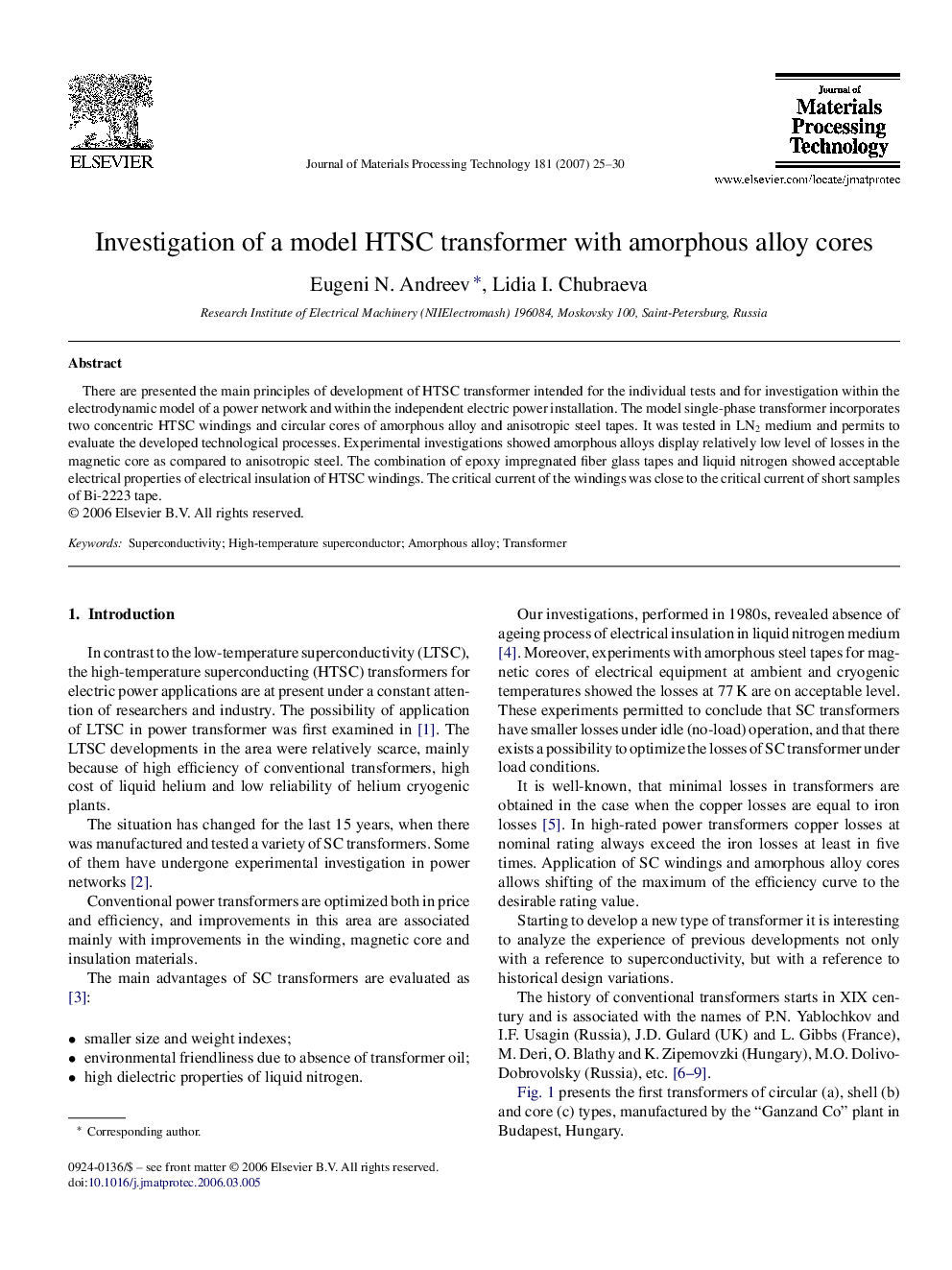 Investigation of a model HTSC transformer with amorphous alloy cores